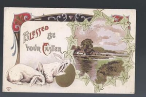 Art Nouveau EASTER BLESSINGS postcard Bunnies gold egg country scene #22 sander - Picture 1 of 2