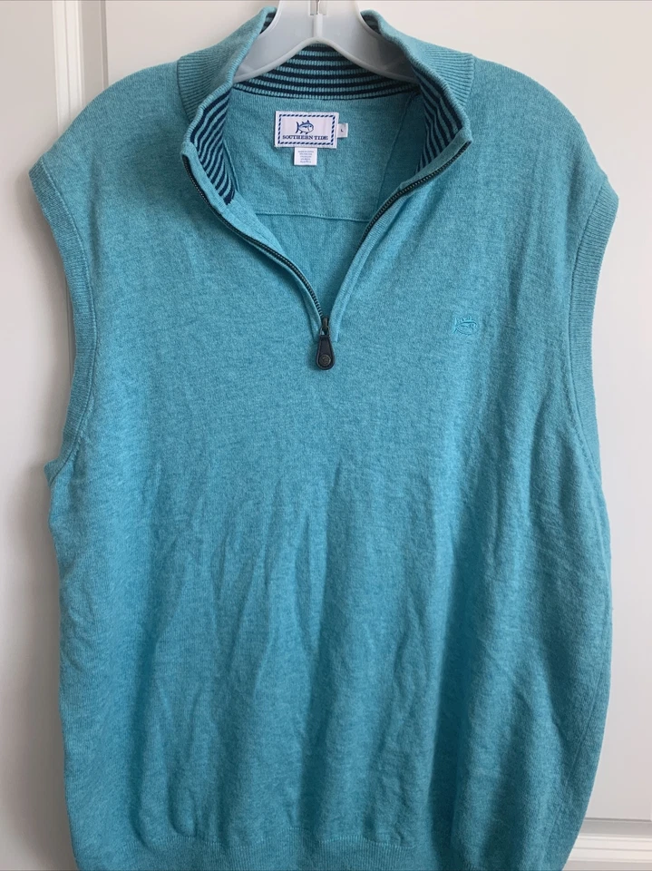 SOUTHERN TIDE Azul Aqua Skipjack Logo Mezcla de Lana 1/4 Cremallera Suéter Chaleco Para Hombres L Foto 1 de 4