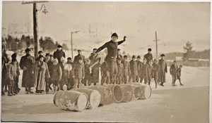 SARANAC LAKE NY Ed Lamy Barrel Jumping In Ice Skates  1910 RPPC Postcard G1 - Picture 1 of 4