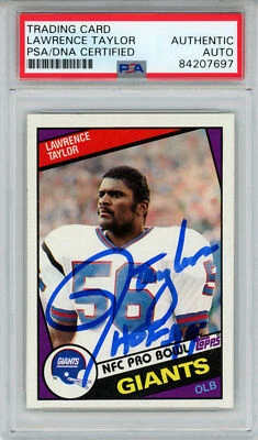 Lawrence Taylor Autographed 1984 Topps #321 Trading Card HOF PSA Slab 43610 - Image 1 of 2