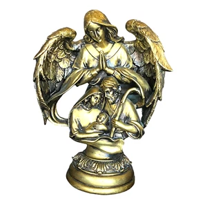 Engel beschützt Jesuskind Maria & Josef Krippe Statue Figur Gold vergoldet 11 Zoll - Bild 1 von 8