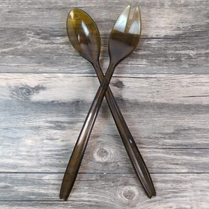 Salad Servers Fork and Spoon Golden Amber Plastic 12" MCM Kitchen Utensils - Picture 1 of 8