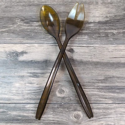 Salad Servers Fork and Spoon Golden Amber Plastic 12" MCM Kitchen Utensils - Image 1 of 4