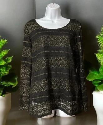 Women Elementz Black Long Sleeve Lined Lace Pullover Blouse Sz L - Image 1 of 4