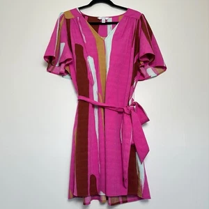 Nine West Geometric Print Belted Mini Dress M | Pink Multi | Flutter Sleeve XL - Picture 1 of 6