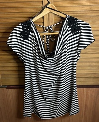 AB Studio Top Women's Size Large Black & White Tie Back Shirt - Image 1 of 4