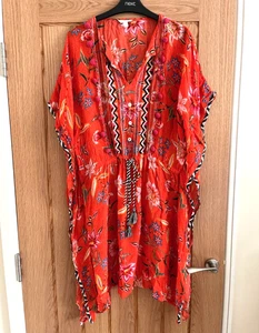Monsoon Red Floral Print Chiffon Knee Length Kaftan Cover Up, Size M, 14-16 - Picture 1 of 9