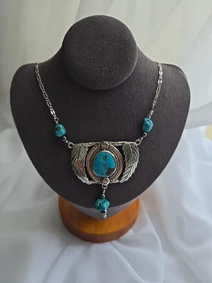 Collar Colgante Pluma Turquesa Navajo Plata Esterlina Con Pepitas Cadena 23" Foto 1 de 4