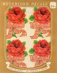 Vintage Meyercord Decal 924-A roses with red and white checker ribbon - Picture 1 of 3