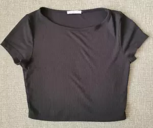 Timing Black Ribbed Short Stretch Cap-Sleeve Crop Top T-Shirt Undersized M/XS - Picture 1 of 3