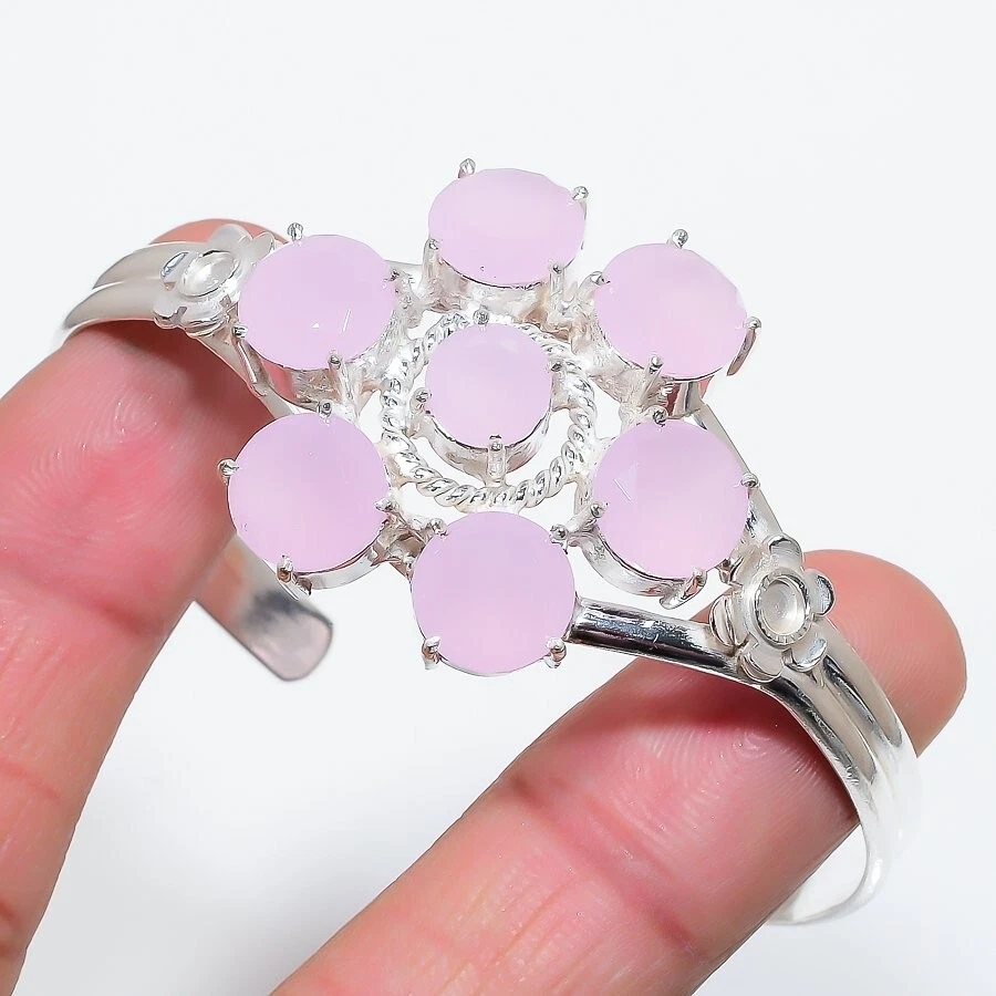 Rose Quartz Gemstone 925 Sterling Silver Jewelry Adjustable Cuff Bracelet Foto 1 de 1
