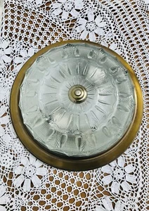 12.5" ⌀ Antique Brass Cut Glass Flush Mount Light Mid Century Colonial Fixture - Picture 1 of 8