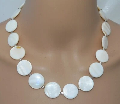 Halskette Kette Collier  Muschel Perlmutt  Scheibe Ø20mm natur weiss creme 405nn - Bild 1 von 4