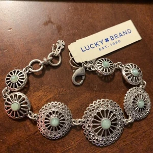 NEW Lucky Brand Southwestern Concho Bracelet Semi-precious Gem Jade Silver Tone - Picture 1 of 7