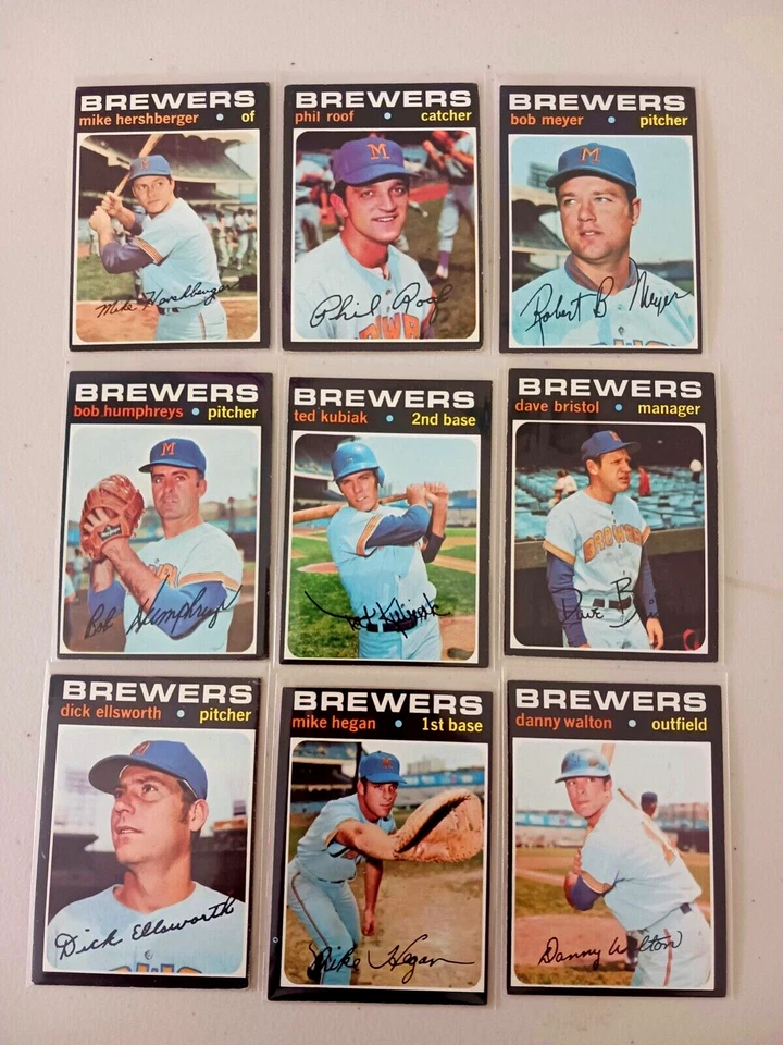 Lote de 9 tarjetas vintage Topps Milwaukee Brewers 1971. TECHO PHIL, MIKE HEGAN Foto 1 de 4