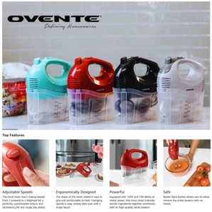 OVENTE 5-Speed Electric Hand Mixer with Stainless Steel Mixing Whisk, - Picture 1 of 15