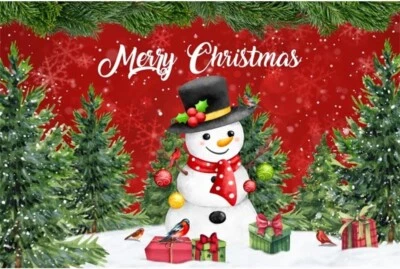 Muñeco de nieve de dibujos animados con telón de fondo del bosque de Feliz Navidad de invierno 8x6,5 pies Foto 1 de 4