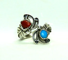 Vintage Navajo Sterling Silver Turquoise Coral Leaf Design Ring Band Adjustable