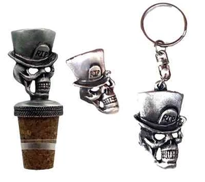 Gift Set R.I.P. Skull Hand Crafted Pewter Bottle Stopper, Badge And key ring - Picture 1 of 5