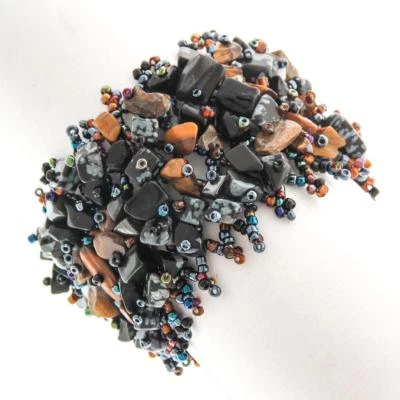 Wide Mixed Tiger Eye Onyx Gem Chips Glass Seed Beads Handmade Bracelet, 2" - Image 1 of 3