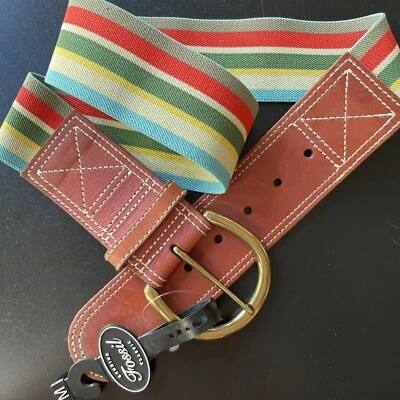 Fossil Stretch Rainbow Fabric & Leather Belt Wide Size Medium Rare Boho Festival - Image 1 of 4