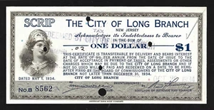 EE. UU. Nueva Jersey The City Of Long Branch $1 dólar 1934 Scrip @ Crisp UNC - Imagen 1 de 2
