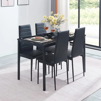 FURNITUREONLINE 4x Black Faux Leather Dining Chairs&Black Marble MDF Top Dining Table Dining Set