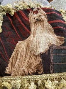"Funda de almohada vintage Yorkie para perro punta de aguja borlas nueva 18"" lana cachorro"  - Imagen 1 de 4