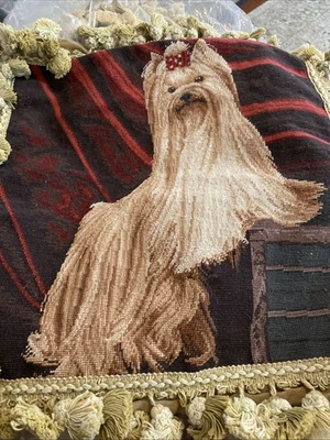 Vintage Yorkie Dog Needlepoint Pillow Cover Tassels New 18” Wool Puppy  - Image 1 of 4
