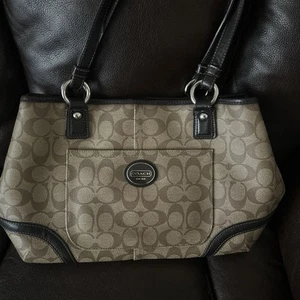 COACH Peyton Heritage Signature Brown Tote Shoulder Bag Snap Close Center F23721 - Picture 1 of 3