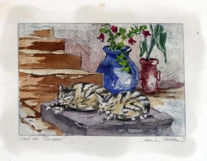 Monika FOLLENIUS, Auf der Terrasse - zwei Katzen - Radierung handaquarelliert - Bild 1 von 1
