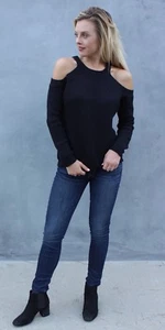 Women's Long Sleeve Cold Shoulder Knit Sweater  S M L Active Basic USA SW2678 - Picture 1 of 5