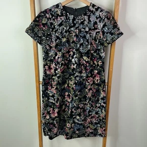 Cue Shift Dress Womens 6 Black Floral Sequin Knee Length Short Sleeve Lined Cute - Picture 1 of 11
