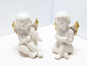 CHRISTMAS ANGELS WHITE WITH GOLD TRIM ANGELS HARP BOOK CERAMIC CHERUB - Picture 1 of 14