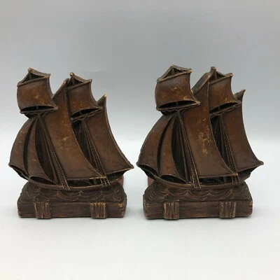 Schooner Boat Ship Bookends Burwood Style Faux Wood Vintage Pair Nautical - image 1 of 4