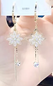 New Crystal Gold Flower Dangle Earring Jewelry Hypoallergenic Gift Women Beauty - Picture 1 of 6