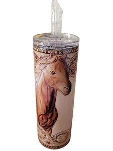 Bicchiere isolante skinny 20 oz con coperchio in paglia - design cavallo - nuovo con scatola - Foto 1 di 7