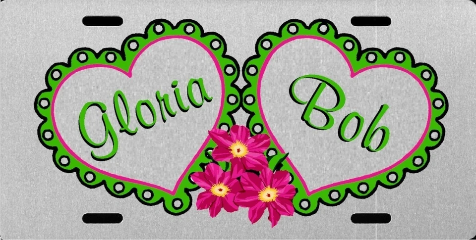 Personalized Custom Hearts Love Silver Brushed Aluminum License Plate 2 Names - Image 1 of 1