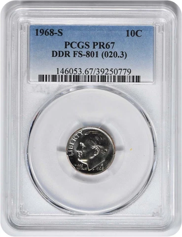 1968-S  Roosevelt Dime DDR FS-801 PR67 PCGS Cover