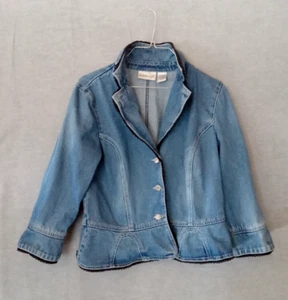 Jeanology Collection Women's Denim Jean Jacket Blue Size 10 Lace Trim Short 3/4 - Picture 1 of 9