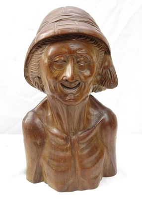 Busto de anciano agricultor japonés vintage tallado a mano de madera Foto 1 de 4