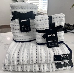 8 Set DKNY White & Blue Stripe Towels 2 Bath & 2 Hand & 4 Face Cloths - Picture 1 of 10