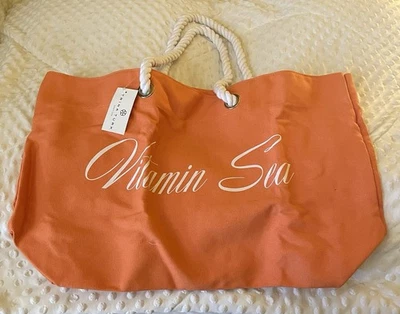 Trina Turk 维生素海橙色沙滩包托特包 14 x 21 英寸帆布带绳柄 — 第 1/4 张图片