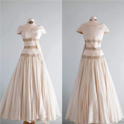 Vintage Wedding Dresses Champagne Retro Off Shoulder 1950s Couture Bridal Gowns - Image 1 of 4