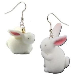 3D Cute White SIT/STAND EASTER BUNNY RABBIT EARRINGS Flock Charm Novelty Jewelry - Picture 1 of 3
