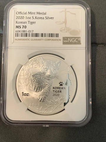 2020 1oz S. Korea Silver Korean Tiger Medal NGC MS70 7K metals Label Cover