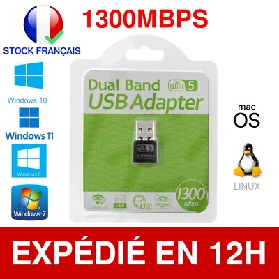 Clé wifi Usb Adaptateur Sans Fil 1300Mbps Wireless Dongle Réseau Windows Linux - Immagine 1 di 4