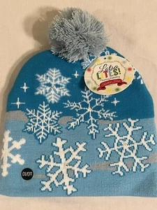Erwachsene Schneeflocke Winter Urlaub leuchtende Strickmütze blau & weiß Puffball neu funktioniert - Bild 1 von 7