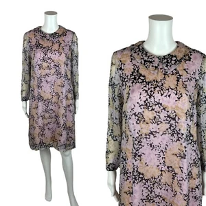 Vintage 60s Chiffon Dress Women's Large Pink Purple Floral Peter Pan Collar Mod - Picture 1 of 11