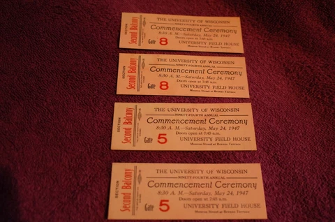 FOUR 1947 UW-Wisconsin Madison Bucky Badger Graduation Commencement Tickets Cover